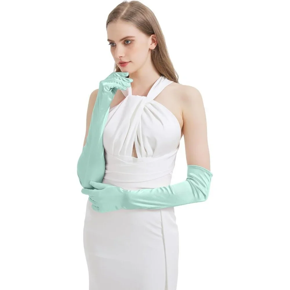 Women Light Aqua Long Imported Satin Elbow Length Halloween Cosplay Opera Gloves